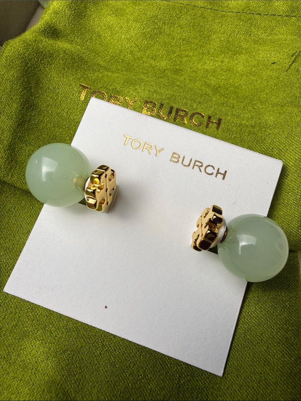 Tory Burch Gold-Tone Logo Stud Earrings with Pale Green Orb reversible - Picture 4 of 5